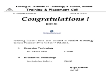 Congratulations to students placed in FENDAHL TECHNOLOGY