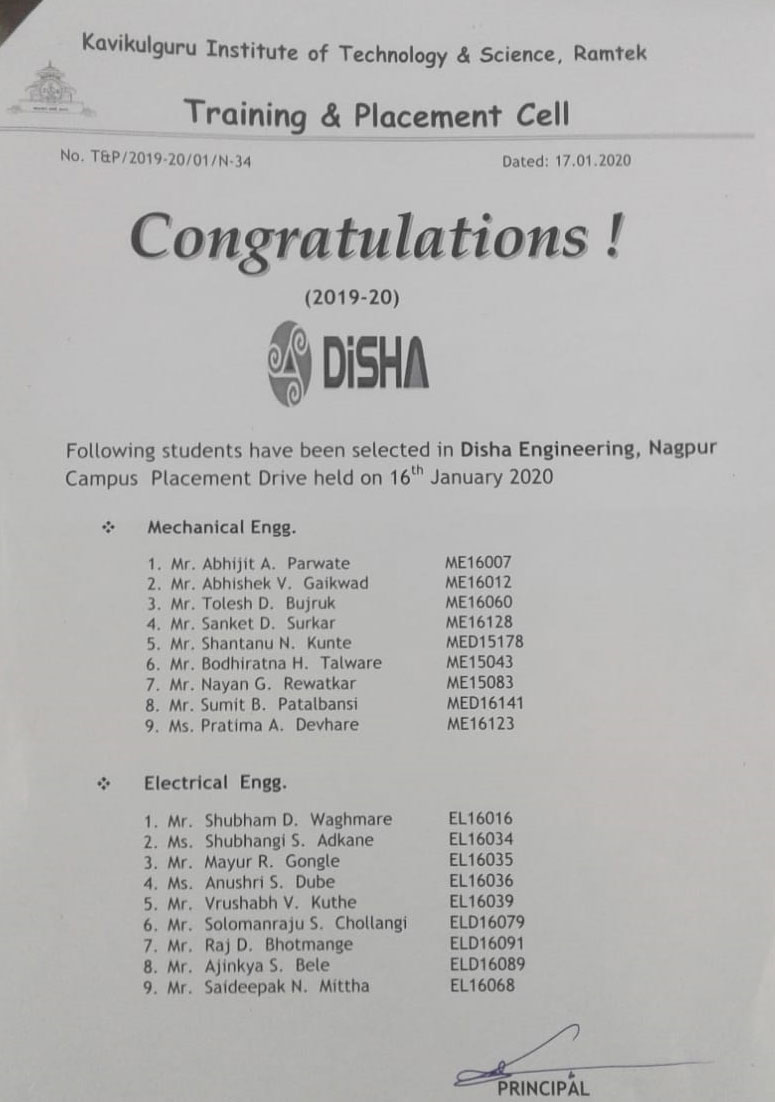 Congratulations to Students Placed in Disha Engineering Nagpur