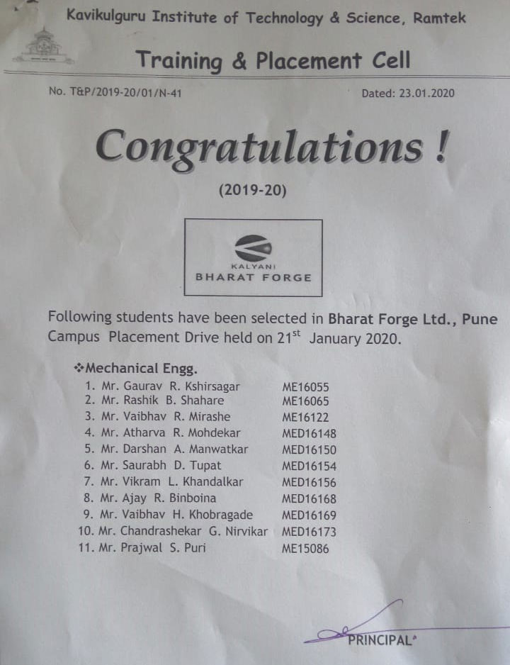 Congratulations to Students Placed in Bharat Forge Ltd., Pune