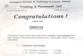 Congratulations to students placed in Doditas Technologies Pvt. Ltd