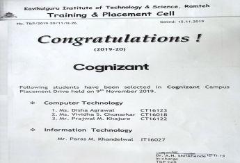 Congratulations to students placed in Congnizant