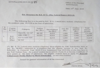 Fee Structure for B.E. II yr. (Dip. Lateral Entry)2019-20