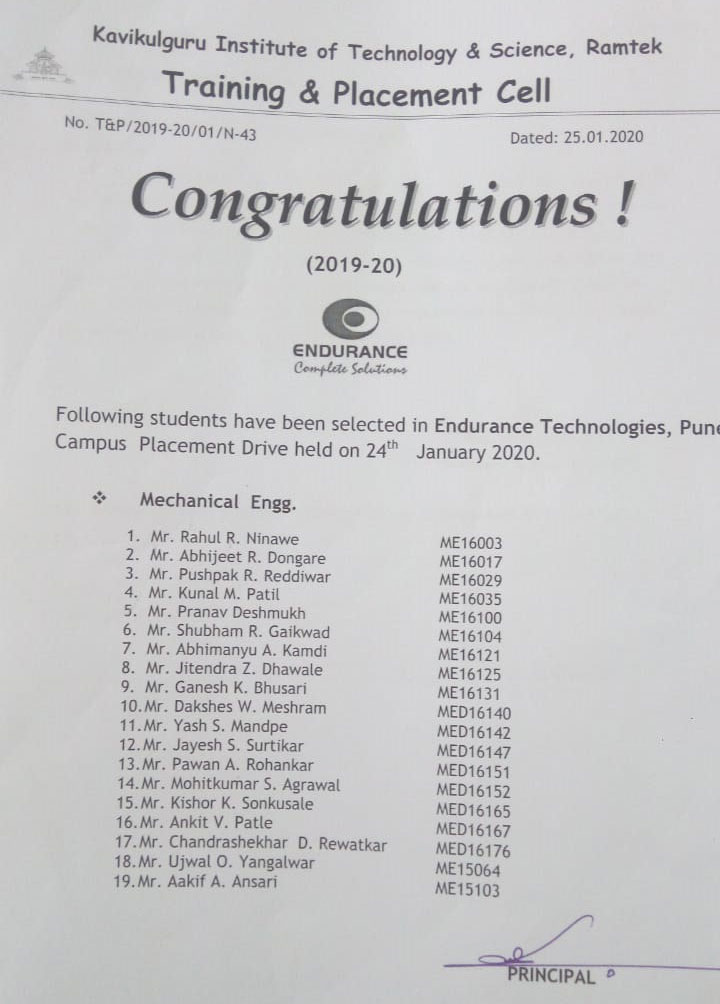 Congratulations to Students Placed in Endurance Technologies, Pune