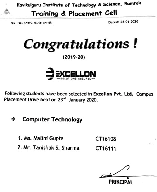 Congratulations to Students Placed in Excellon Pvt. Ltd.