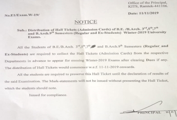 Distribution of Hall Tickets (Admission Cards) of BE/B.Arch 3rd, 5th, 7th and B.Arch 9th semesters (Regular and Ex-Students) Winter-2019 University Exams.