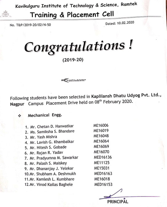 Congratulations to Students Placed in Kaplilansh Dhatu Udyog Pvt.Ltd., Nagpur