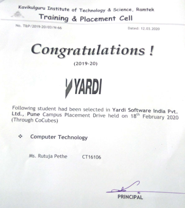 Congratulations to Students Placed in Yardi Software India Pvt. Ltd., Pune